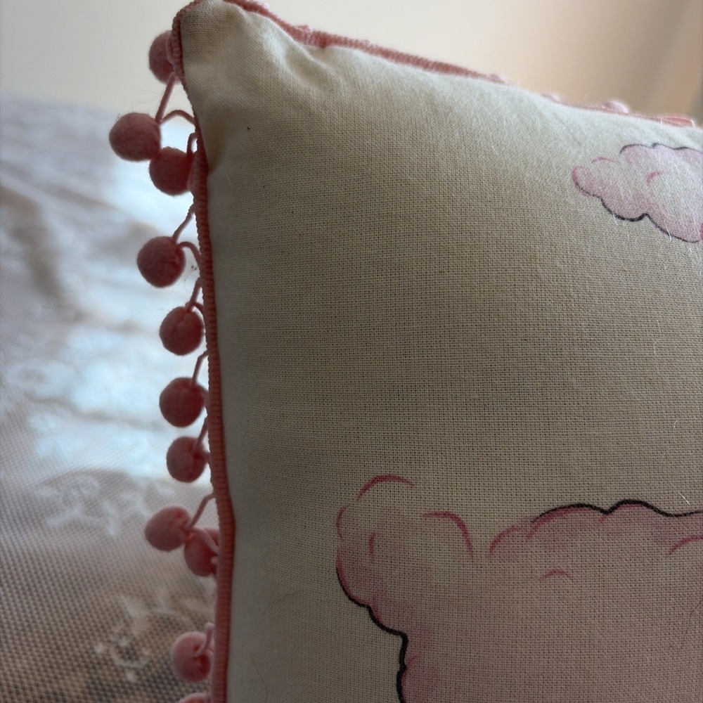 Vintage Inspired Kitschy Lamb Throw Pillow Pink Pom Pom Fringe Square Polka Dots - Picture 11 of 16